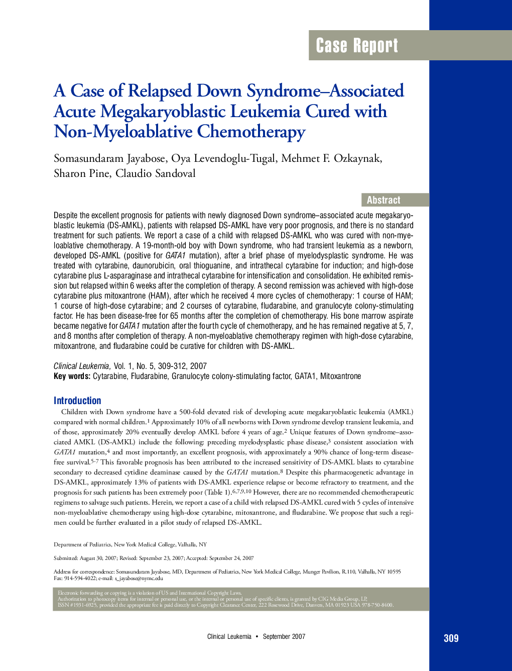 A Case of Relapsed Down Syndrome–Associated Acute Megakaryoblastic Leukemia Cured with Non-Myeloablative Chemotherapy