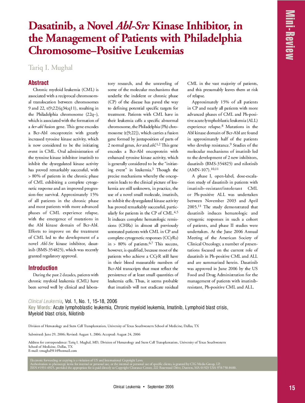 Dasatinib, a Novel Abl-Src Kinase Inhibitor, in the Management of Patients with Philadelphia Chromosome–Positive Leukemias