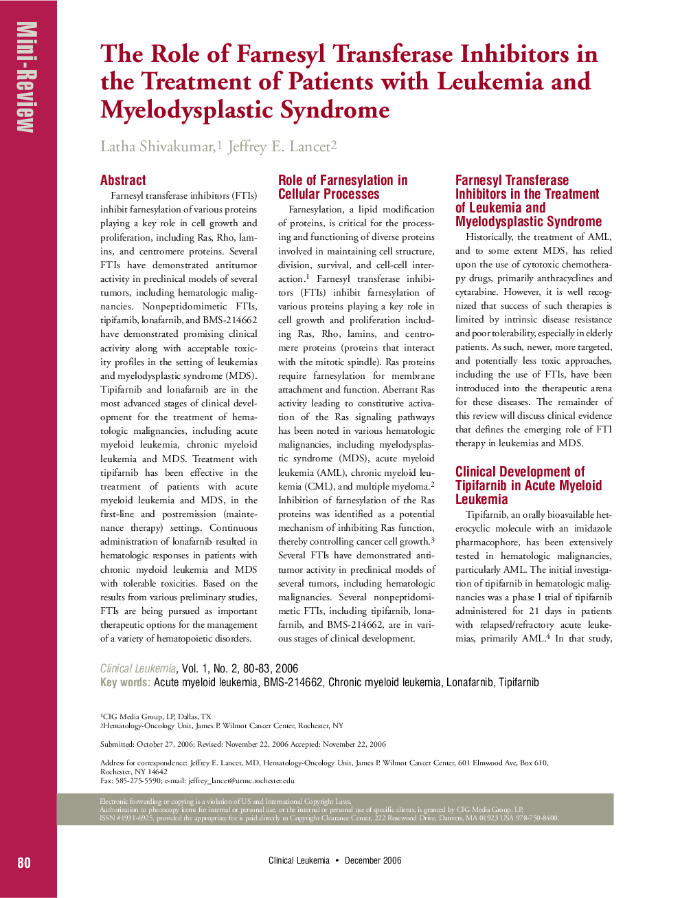 The Role of Farnesyl Transferase Inhibitors in the Treatment of Patients with Leukemia and Myelodysplastic Syndrome