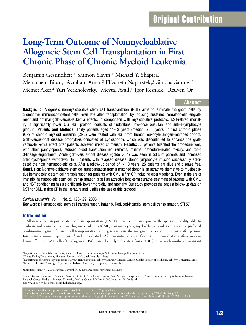 Long-Term Outcome of Nonmyeloablative Allogeneic Stem Cell Transplantation in First Chronic Phase of Chronic Myeloid Leukemia