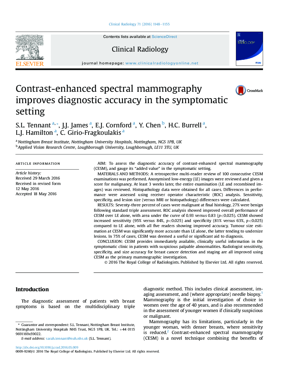 Contrast-enhanced spectral mammography improves diagnostic accuracy in the symptomatic setting