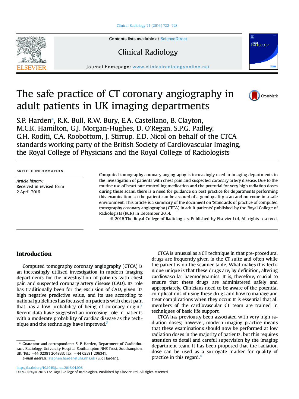 The safe practice of CT coronary angiography in adult patients in UK imaging departments