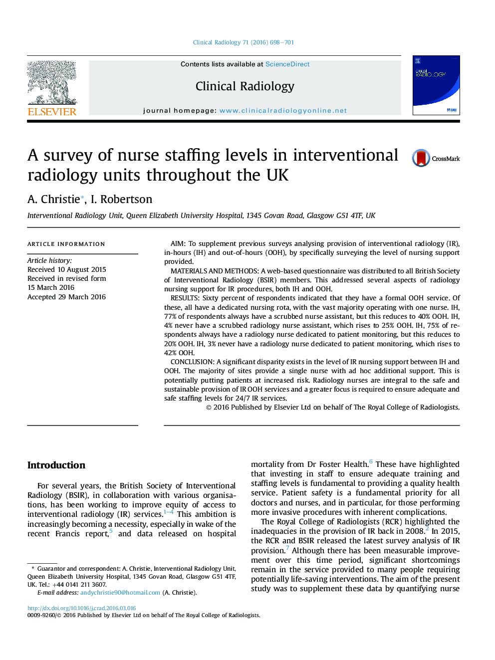 A survey of nurse staffing levels in interventional radiology units throughout the UK