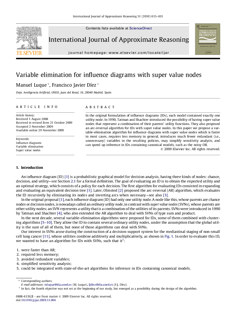 عکس صفحه اول مقاله: Variable elimination for influence diagrams with super value nodes Variable elimination for influence diagrams with super value nodes