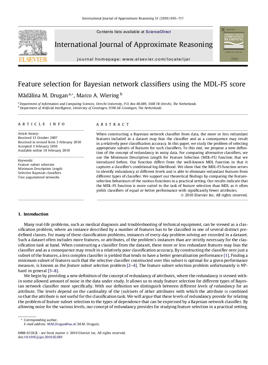 عکس صفحه اول مقاله: Feature selection for Bayesian network classifiers using the MDL-FS score Feature selection for Bayesian network classifiers using the MDL-FS score
