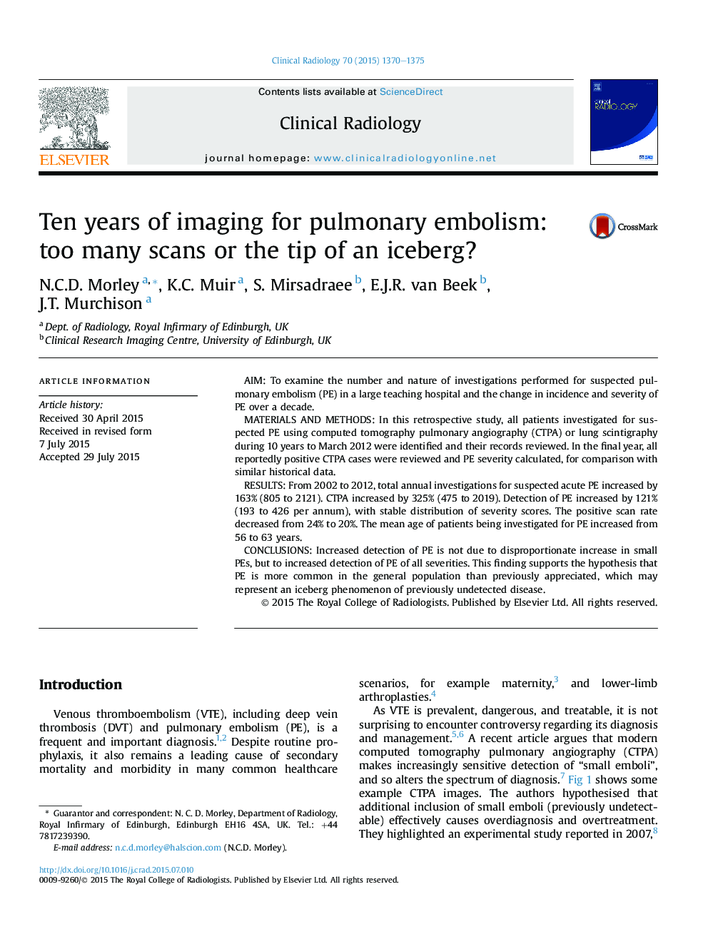 Ten years of imaging for pulmonary embolism: too many scans or the tip of an iceberg?