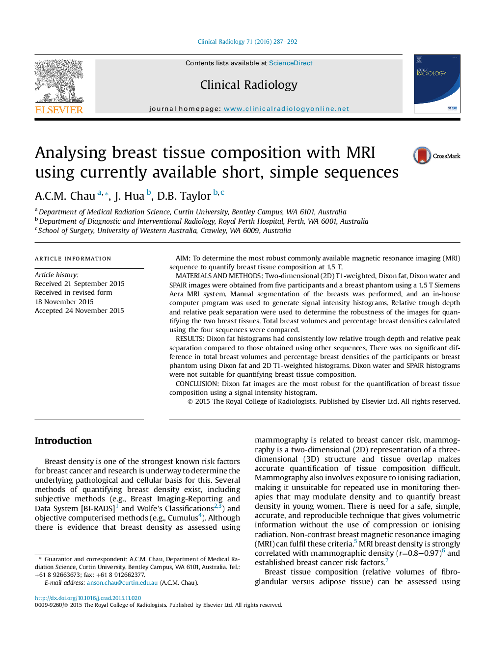 Analysing breast tissue composition with MRI using currently available short, simple sequences