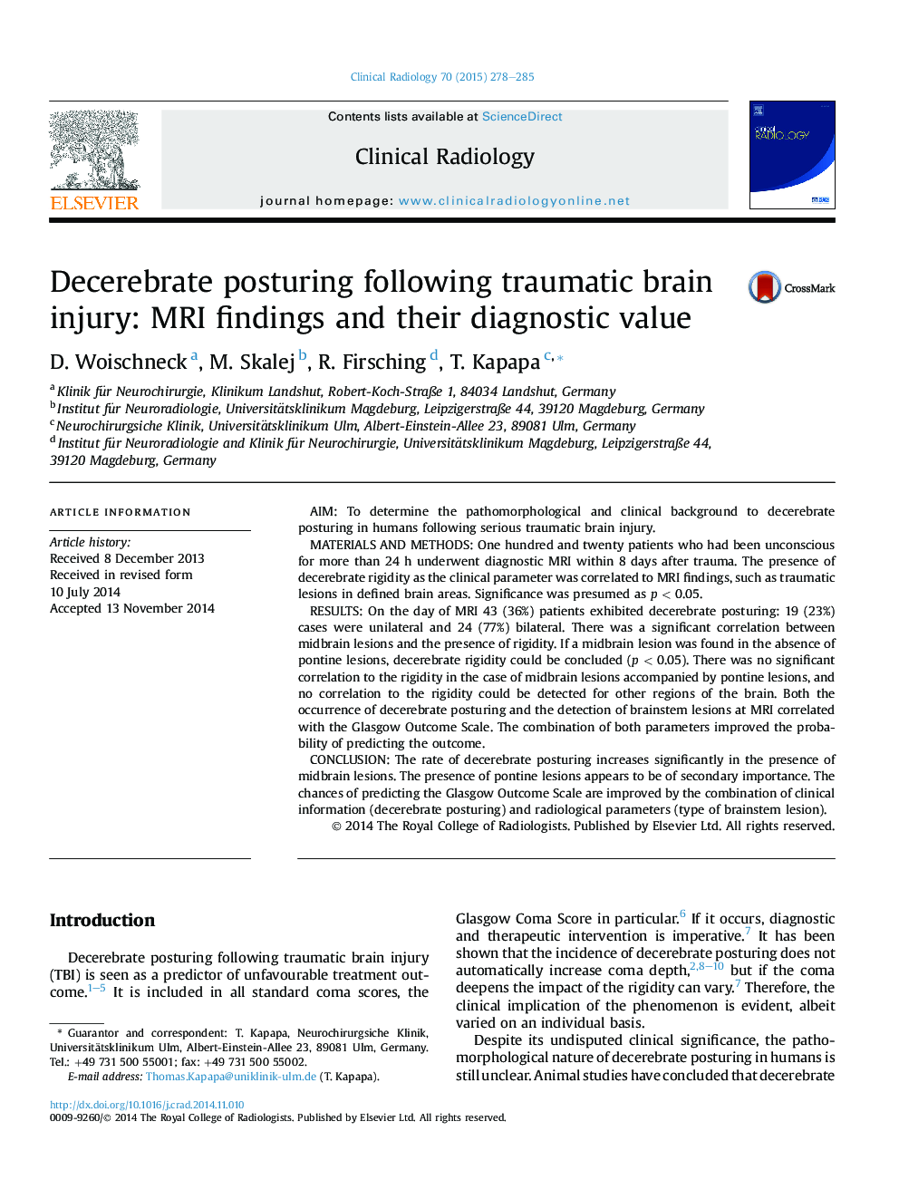 Decerebrate posturing following traumatic brain injury: MRI findings and their diagnostic value