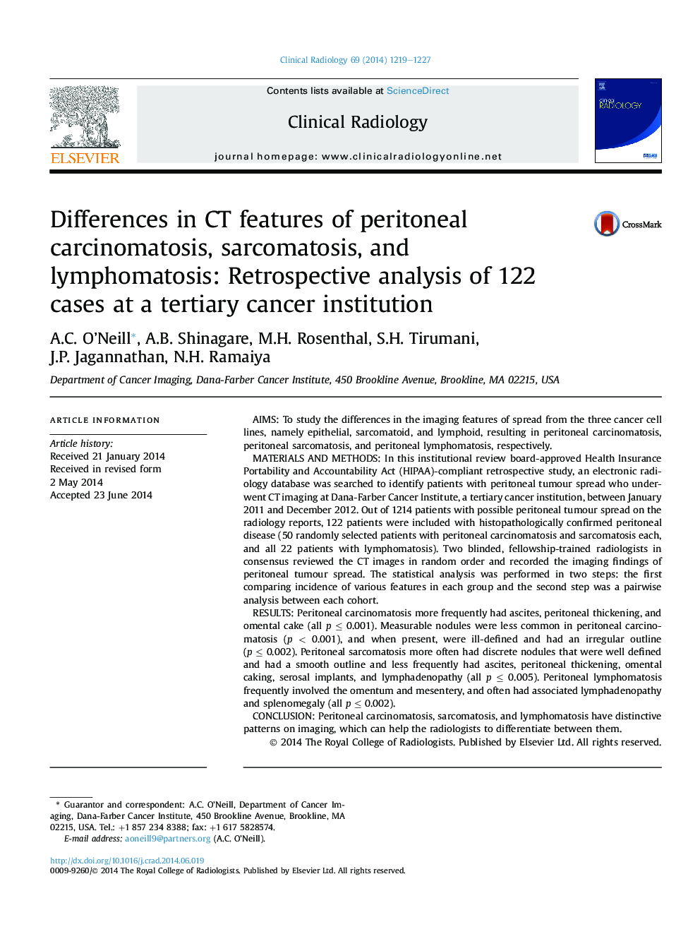 Differences in CT features of peritoneal carcinomatosis, sarcomatosis, and lymphomatosis: Retrospective analysis of 122 cases at a tertiary cancer institution