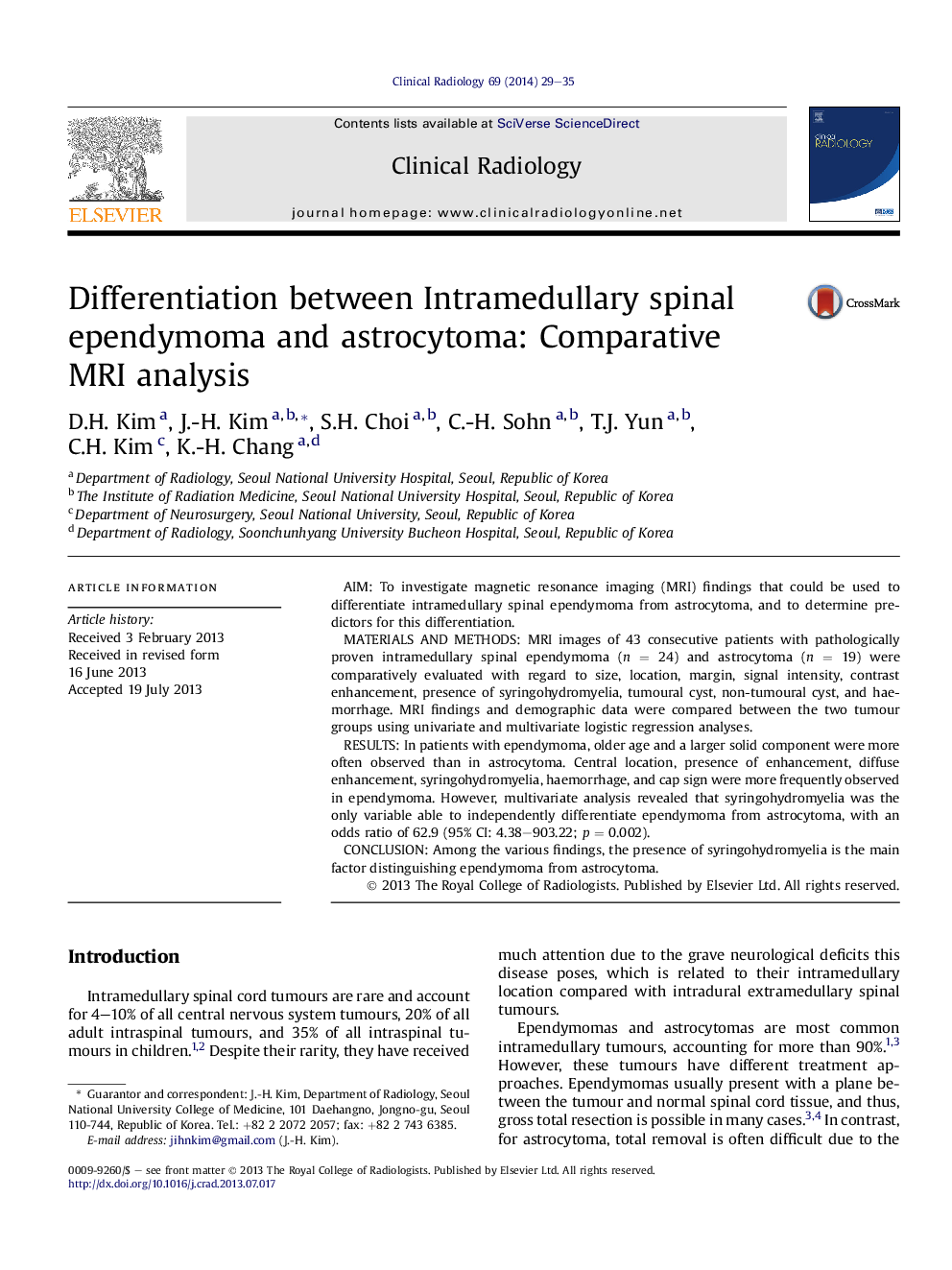 Differentiation between Intramedullary spinal ependymoma and astrocytoma: Comparative MRI analysis