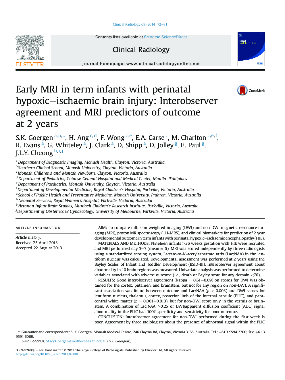 Early MRI in term infants with perinatal hypoxic–ischaemic brain injury: Interobserver agreement and MRI predictors of outcome at 2 years