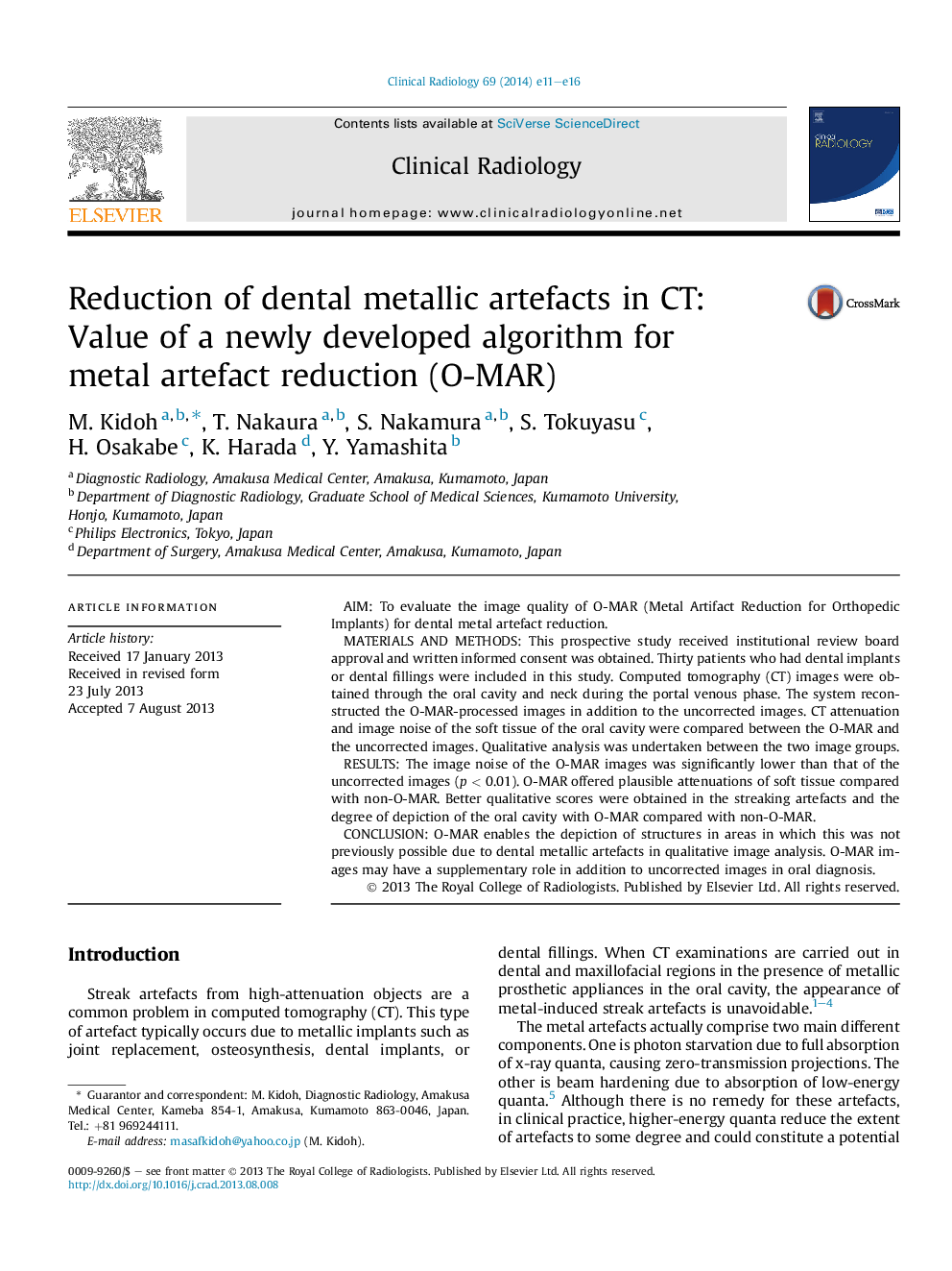 Reduction of dental metallic artefacts in CT: Value of a newly developed algorithm for metal artefact reduction (O-MAR)