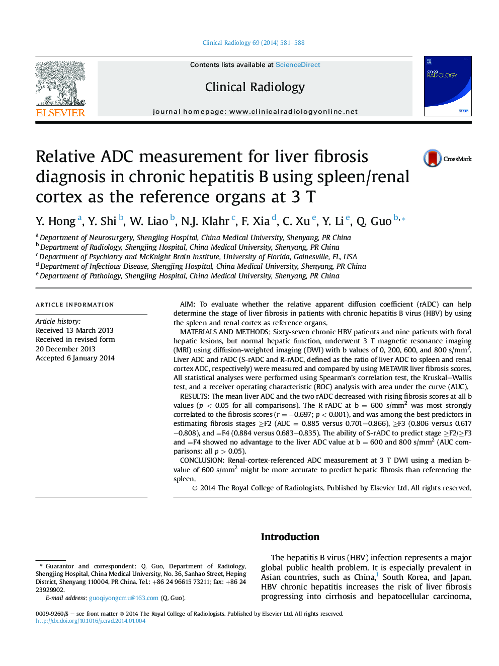 Relative ADC measurement for liver fibrosis diagnosis in chronic hepatitis B using spleen/renal cortex as the reference organs at 3 T