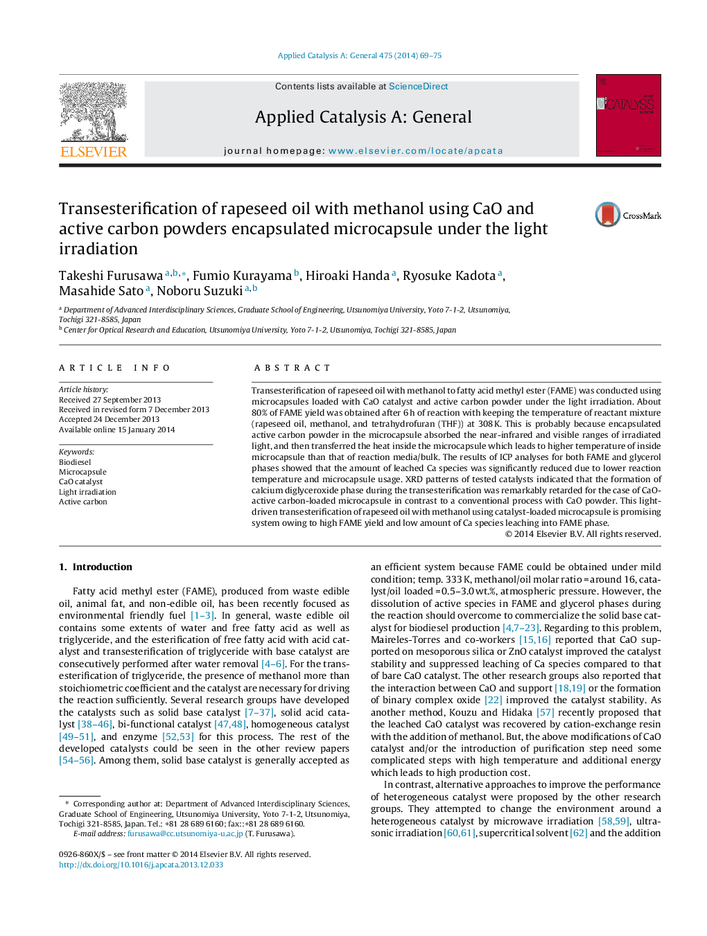 Transesterification of rapeseed oil with methanol using CaO and active carbon powders encapsulated microcapsule under the light irradiation