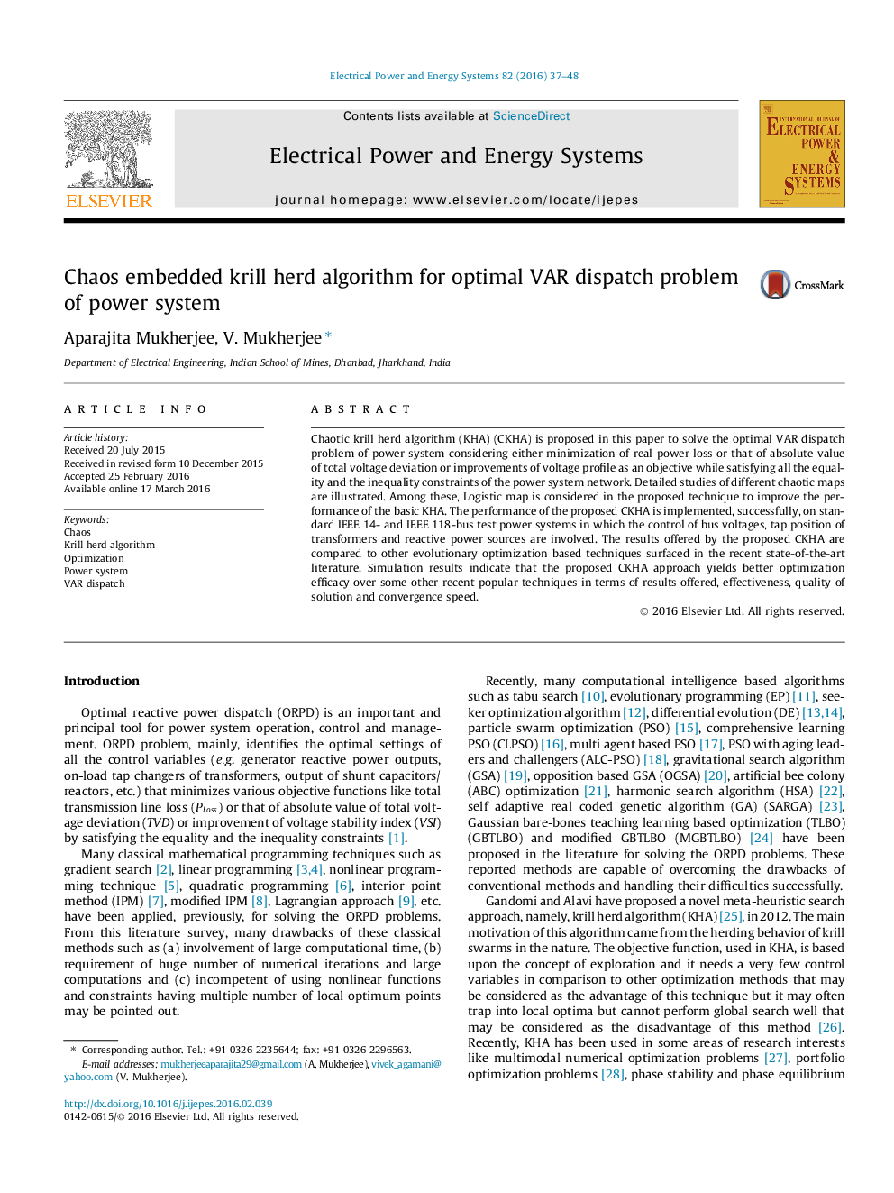 Chaos embedded krill herd algorithm for optimal VAR dispatch problem of power system