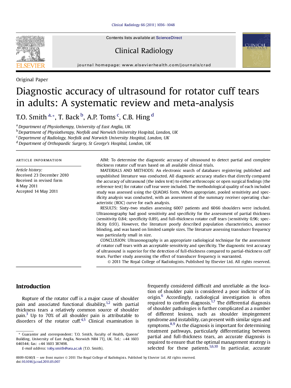 Diagnostic accuracy of ultrasound for rotator cuff tears in adults: A systematic review and meta-analysis