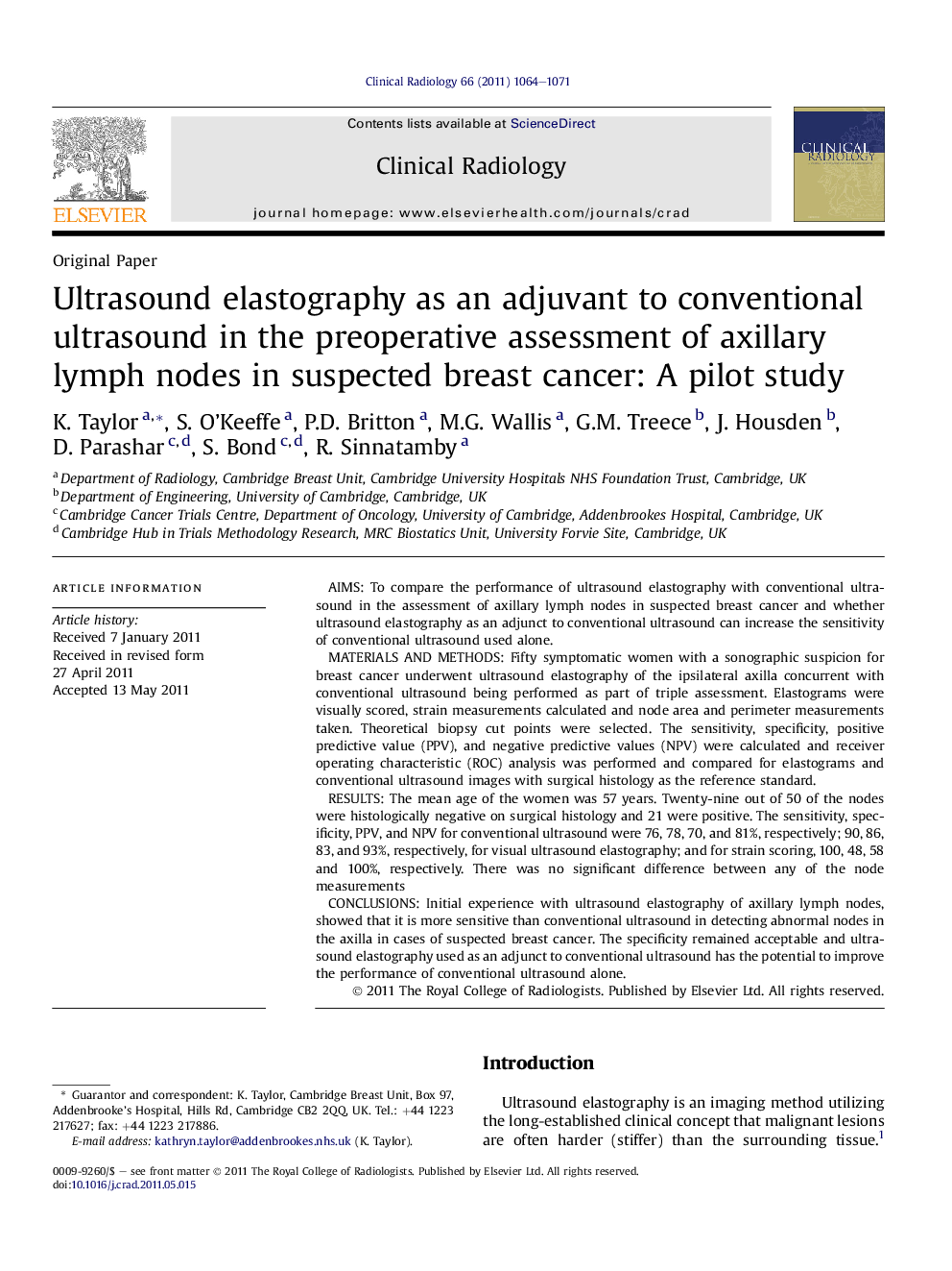 Ultrasound elastography as an adjuvant to conventional ultrasound in the preoperative assessment of axillary lymph nodes in suspected breast cancer: A pilot study