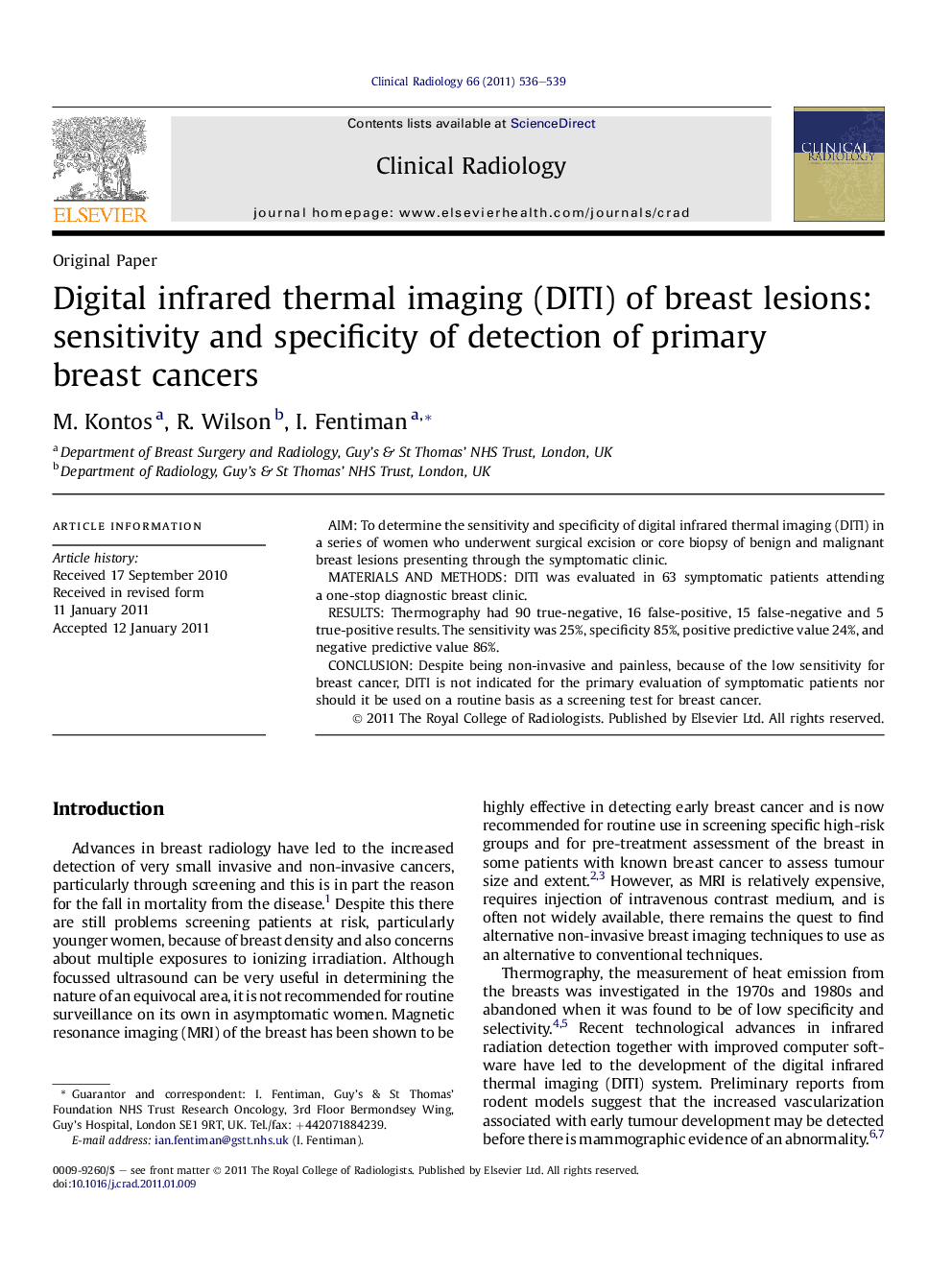 Digital infrared thermal imaging (DITI) of breast lesions: sensitivity and specificity of detection of primary breast cancers