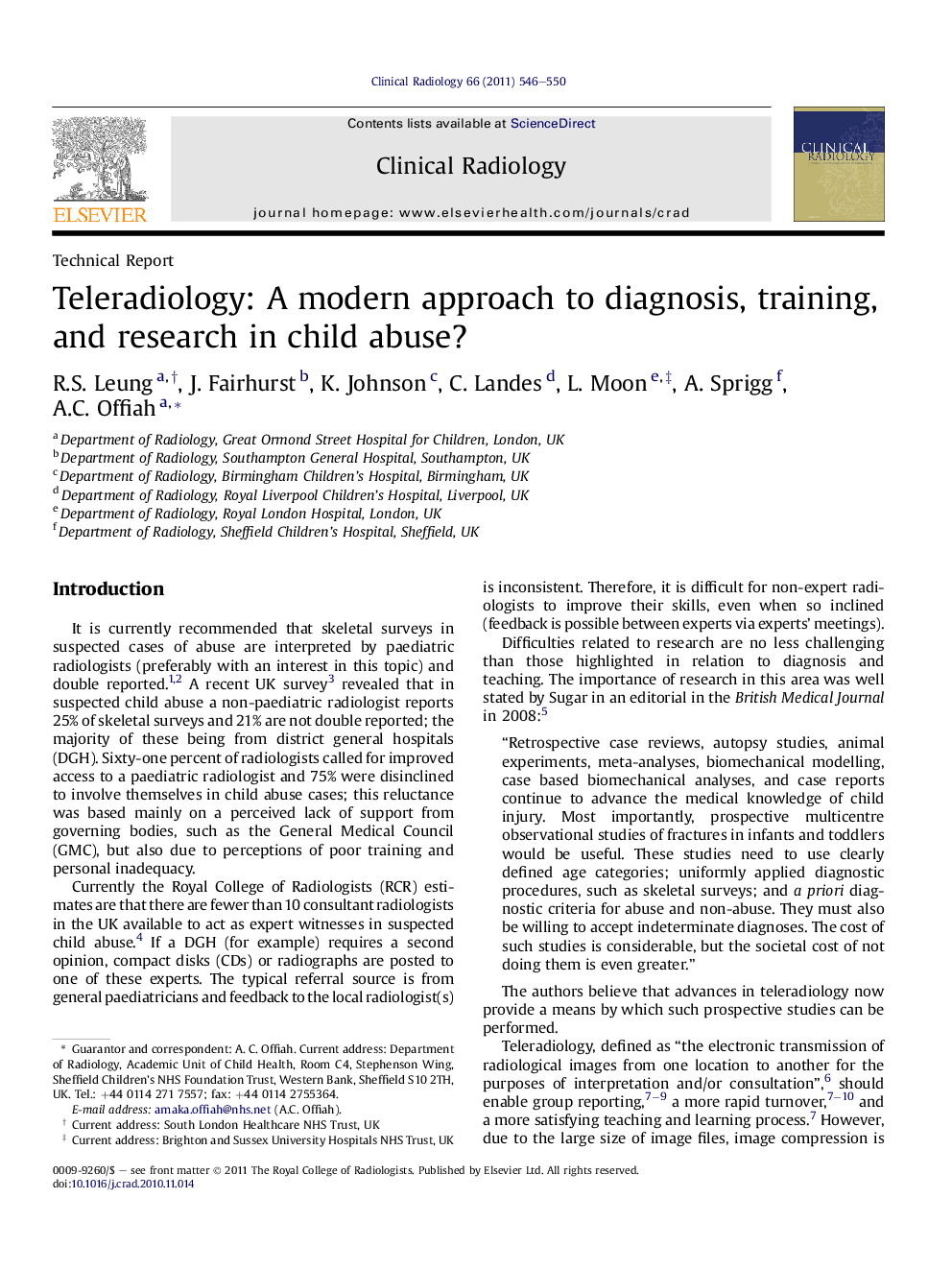 Teleradiology: A modern approach to diagnosis, training, and research in child abuse?