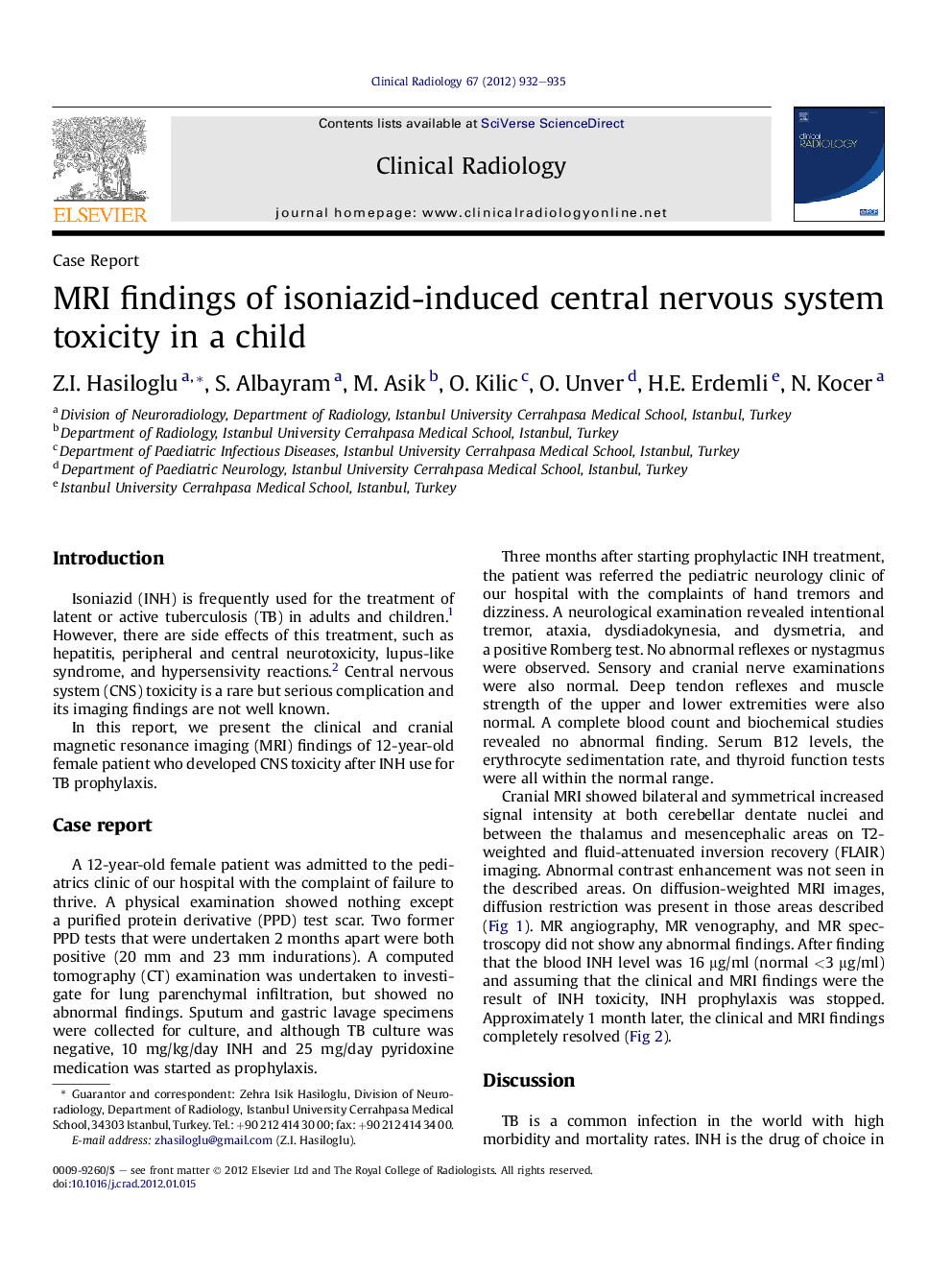 MRI findings of isoniazid-induced central nervous system toxicity in a child