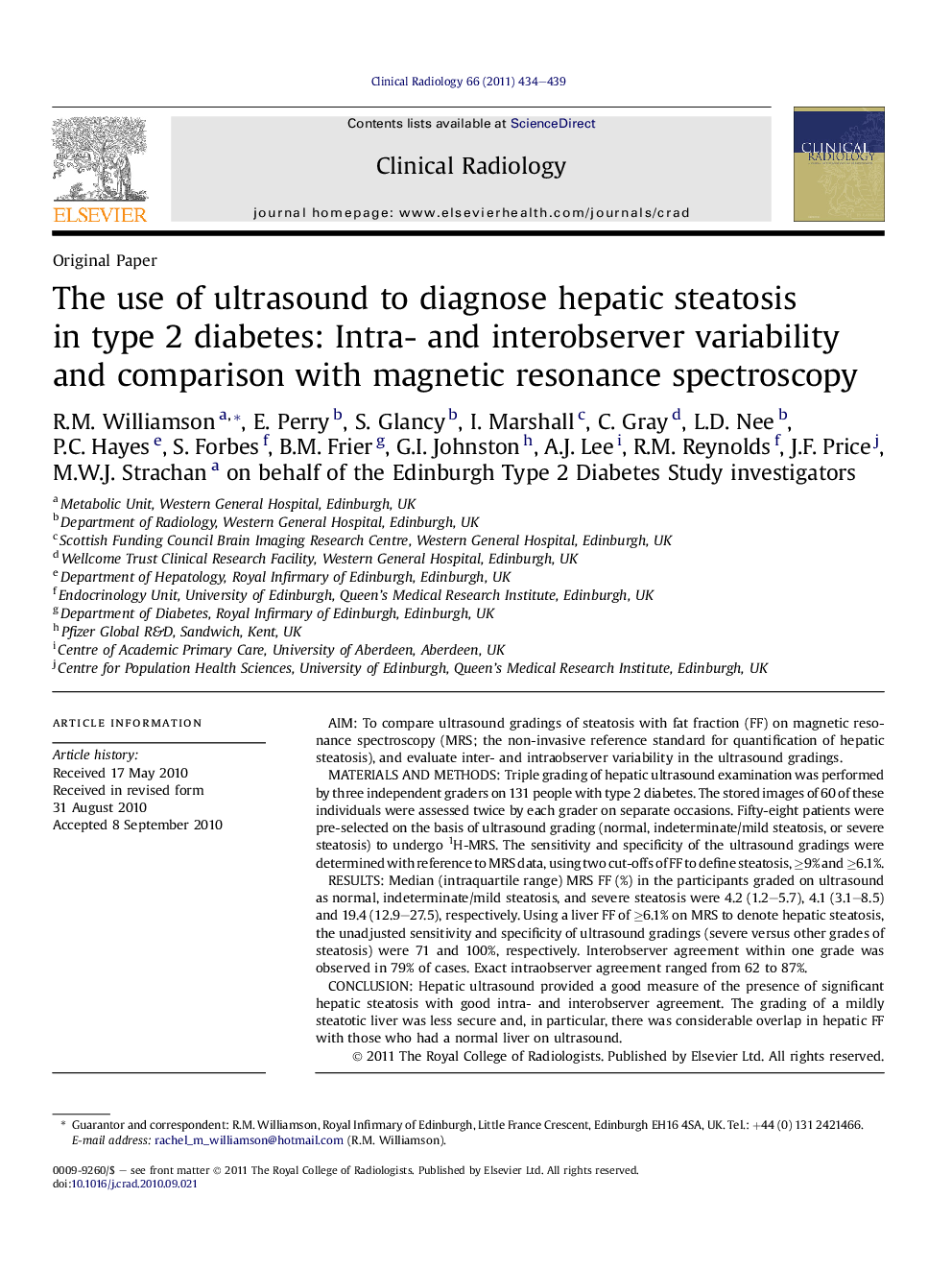 The use of ultrasound to diagnose hepatic steatosis in type 2 diabetes: Intra- and interobserver variability and comparison with magnetic resonance spectroscopy