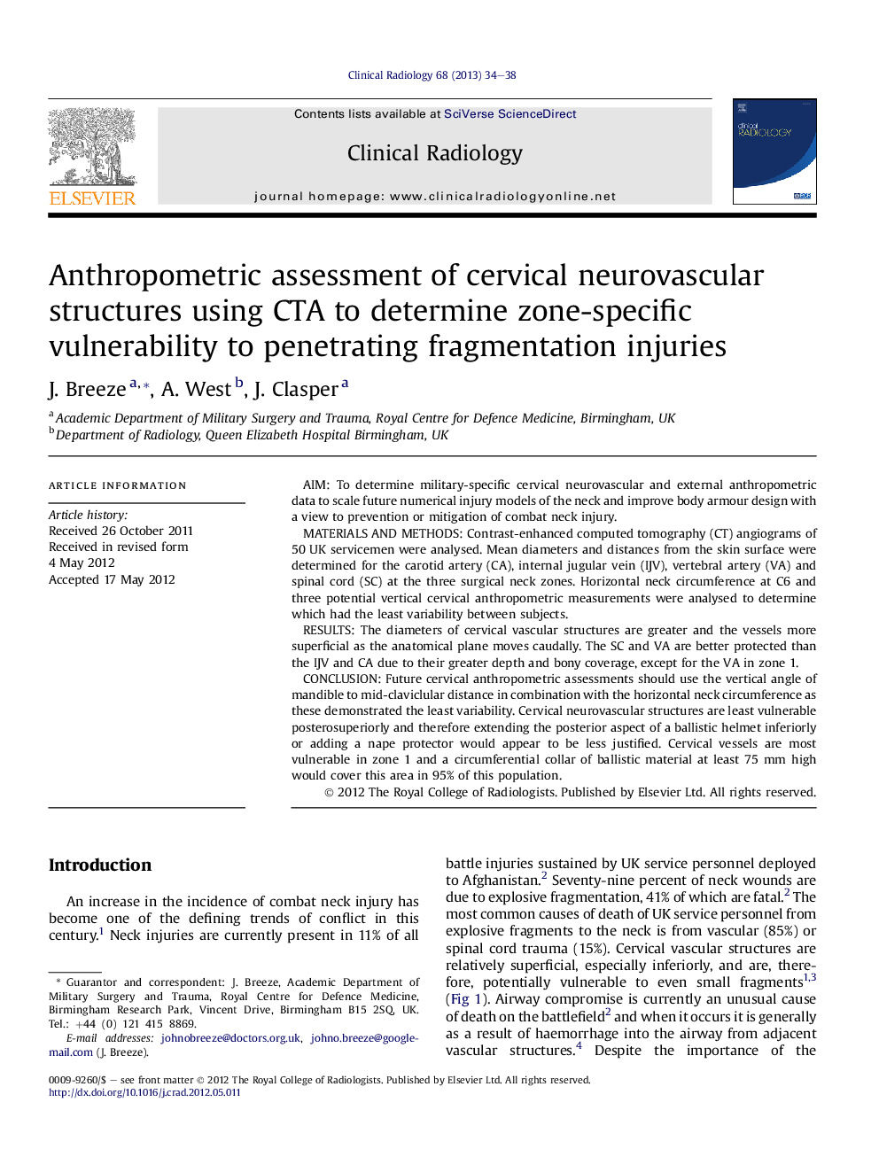 Anthropometric assessment of cervical neurovascular structures using CTA to determine zone-specific vulnerability to penetrating fragmentation injuries