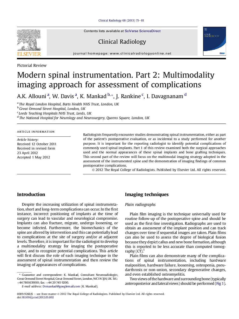 Modern spinal instrumentation. Part 2: Multimodality imaging approach for assessment of complications