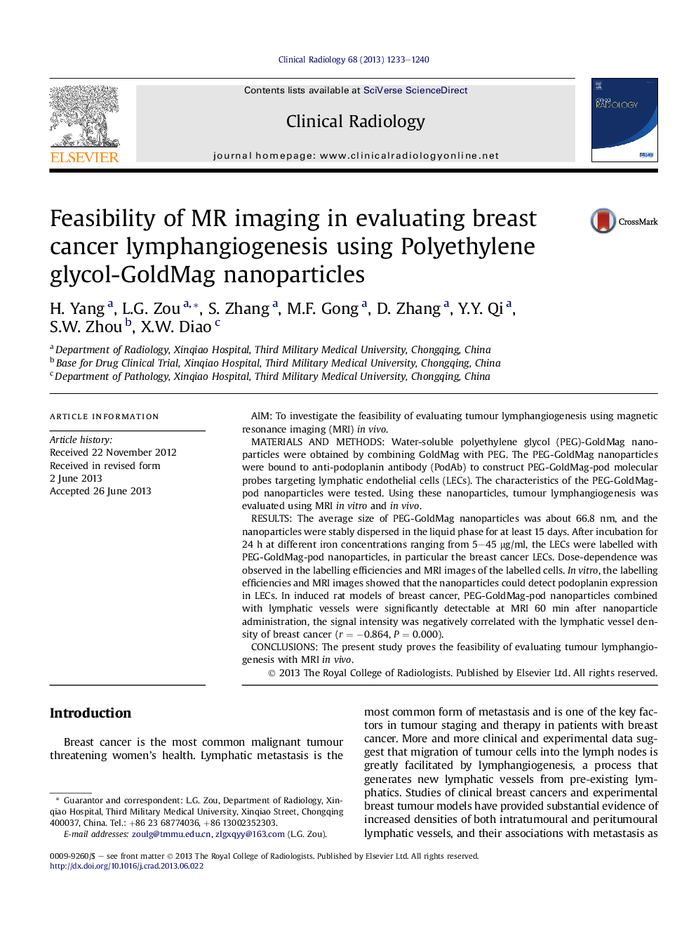 Feasibility of MR imaging in evaluating breast cancer lymphangiogenesis using Polyethylene glycol-GoldMag nanoparticles