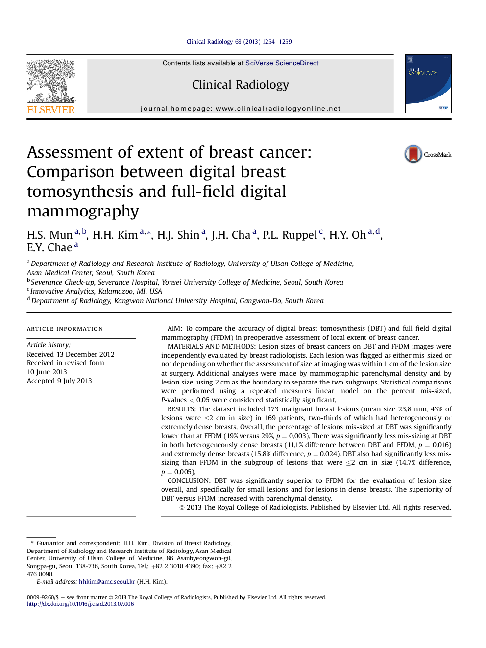 Assessment of extent of breast cancer: Comparison between digital breast tomosynthesis and full-field digital mammography