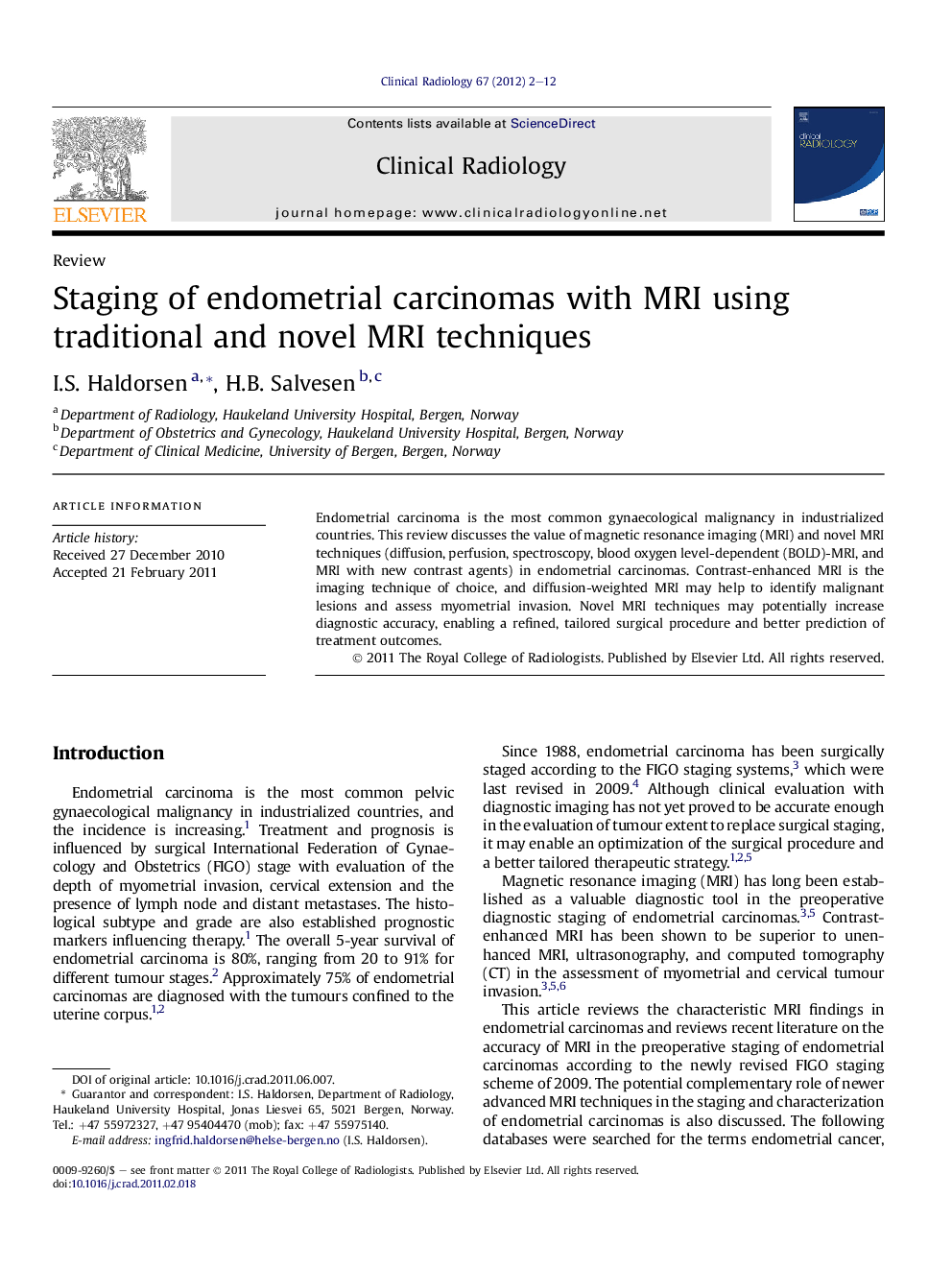 Staging of endometrial carcinomas with MRI using traditional and novel MRI techniques