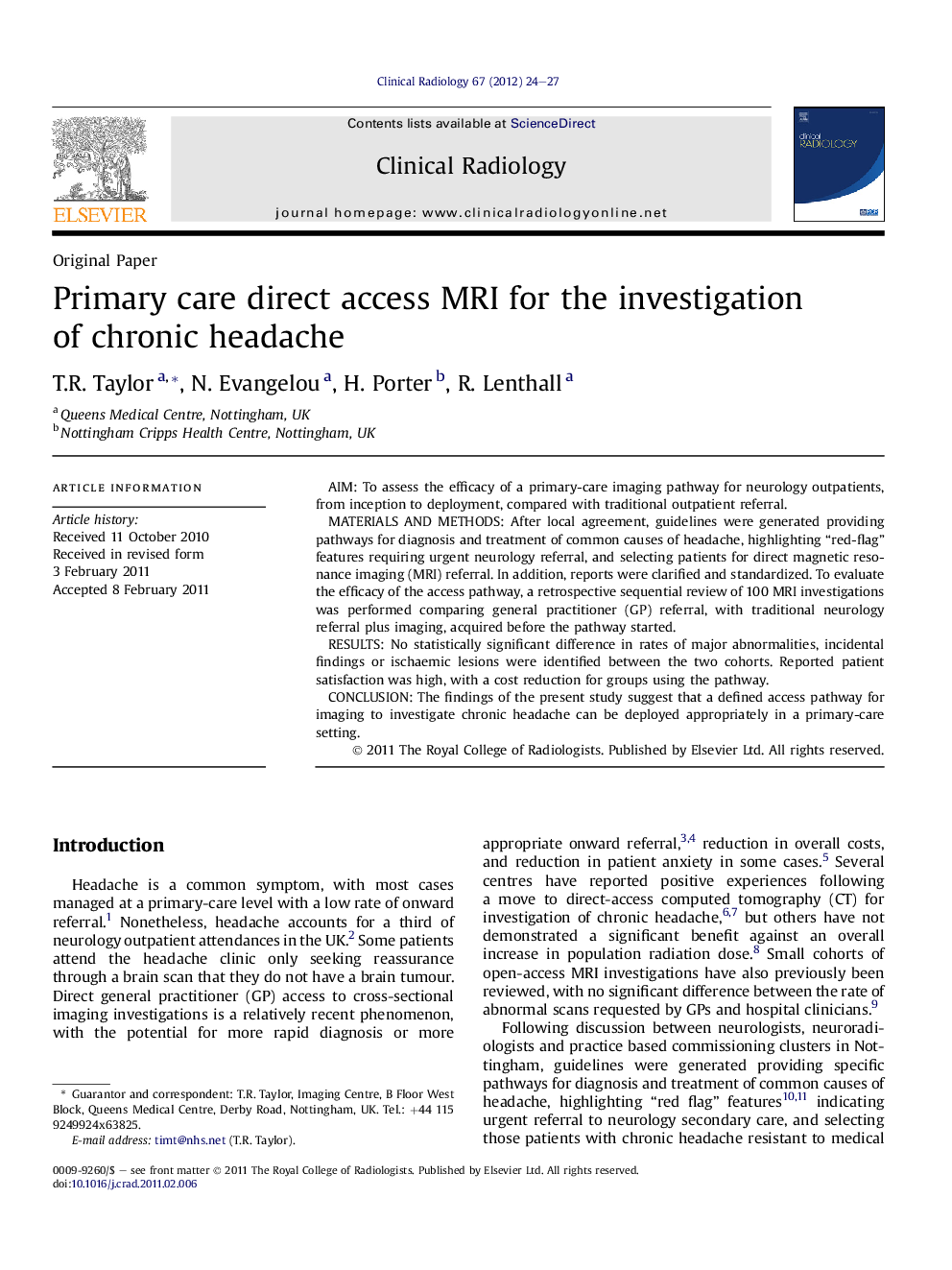 Primary care direct access MRI for the investigation of chronic headache