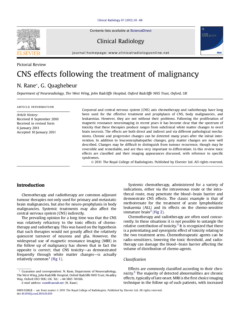 CNS effects following the treatment of malignancy