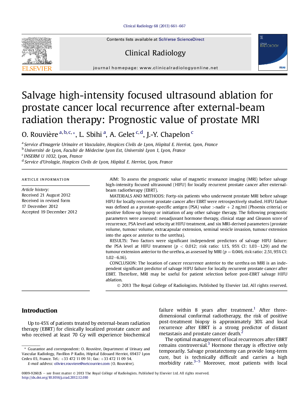 Salvage high-intensity focused ultrasound ablation for prostate cancer local recurrence after external-beam radiation therapy: Prognostic value of prostate MRI