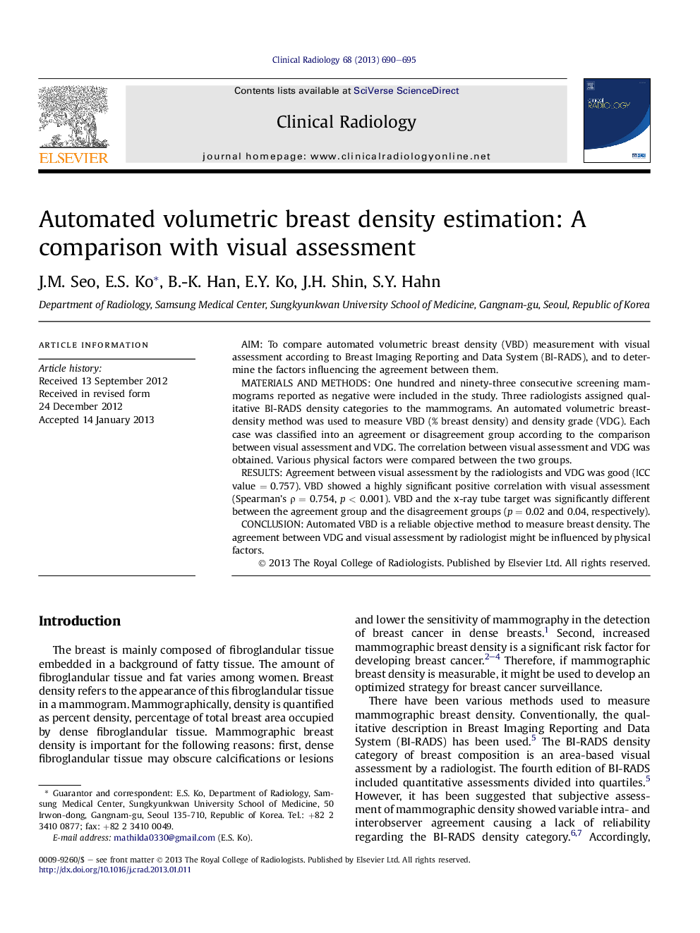 Automated volumetric breast density estimation: A comparison with visual assessment