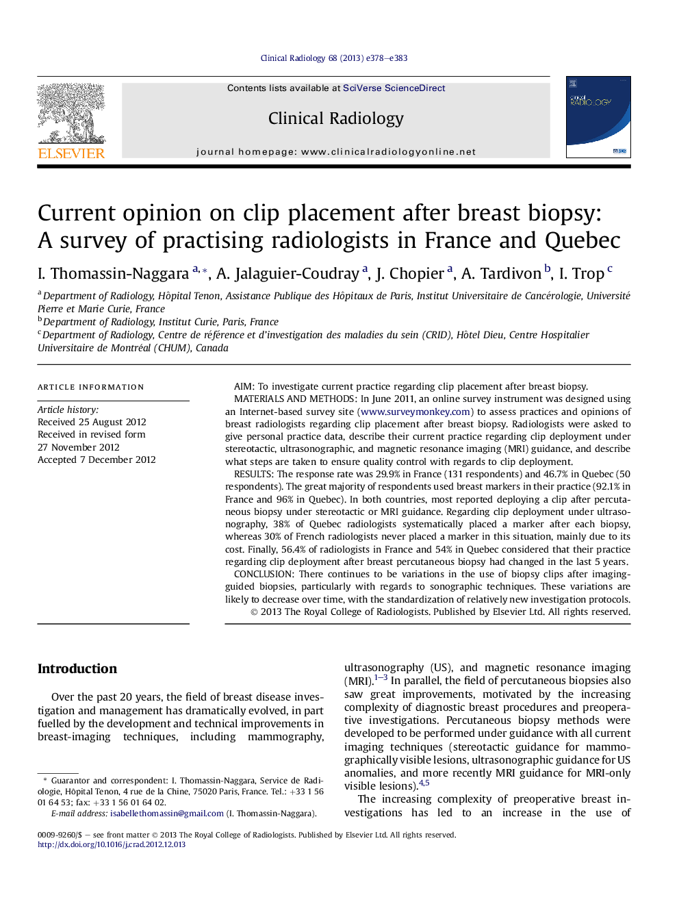 Current opinion on clip placement after breast biopsy: A survey of practising radiologists in France and Quebec