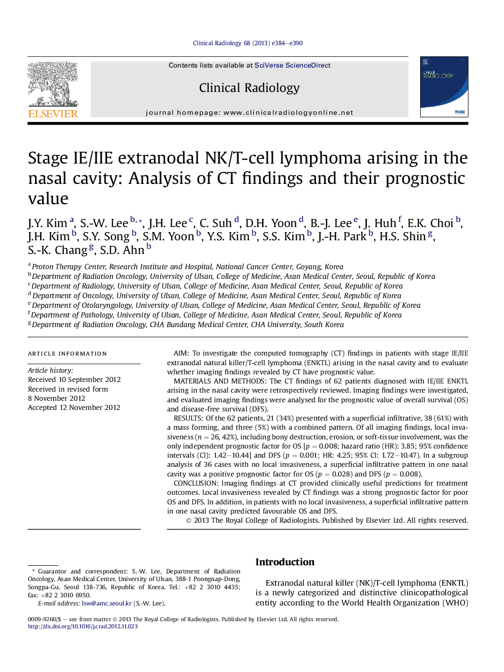 Stage IE/IIE extranodal NK/T-cell lymphoma arising in the nasal cavity: Analysis of CT findings and their prognostic value