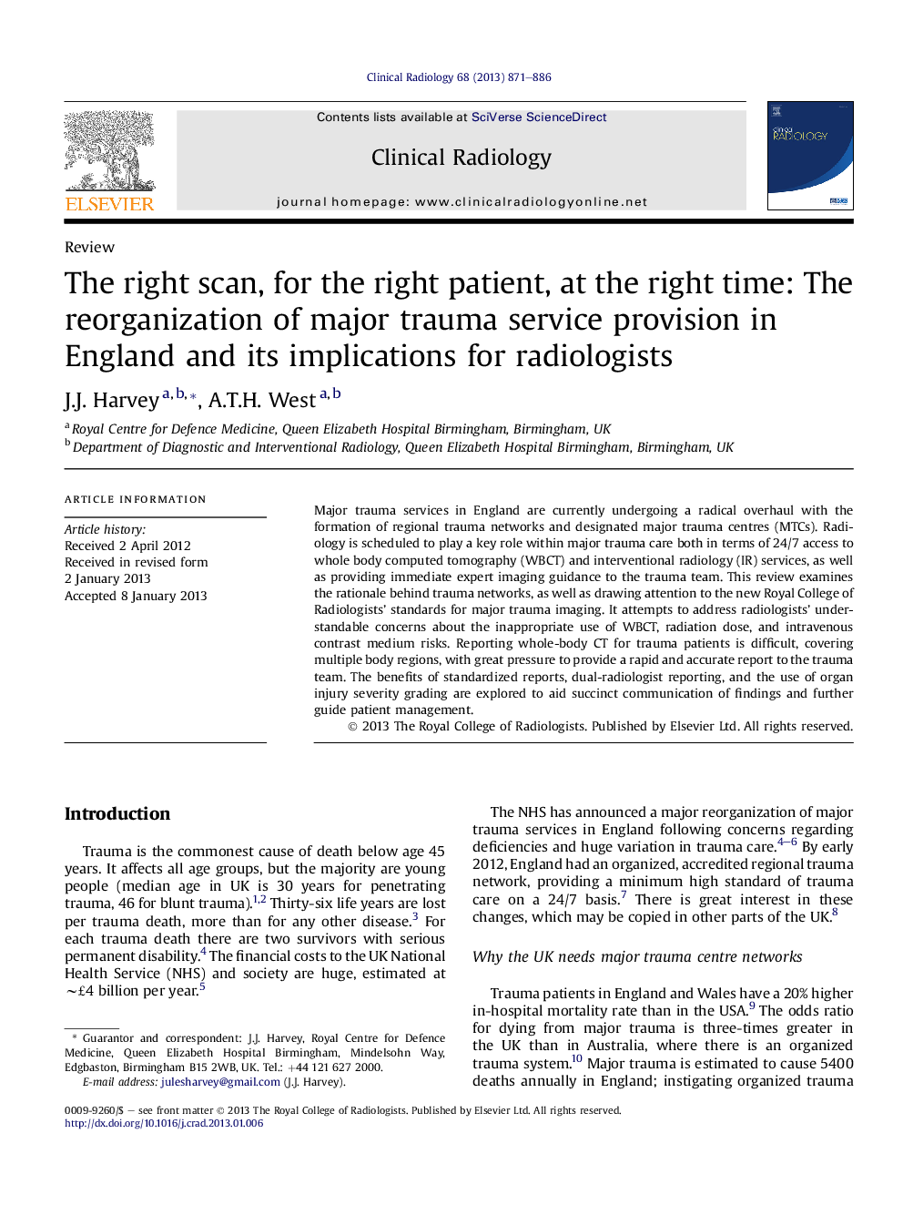 The right scan, for the right patient, at the right time: The reorganization of major trauma service provision in England and its implications for radiologists