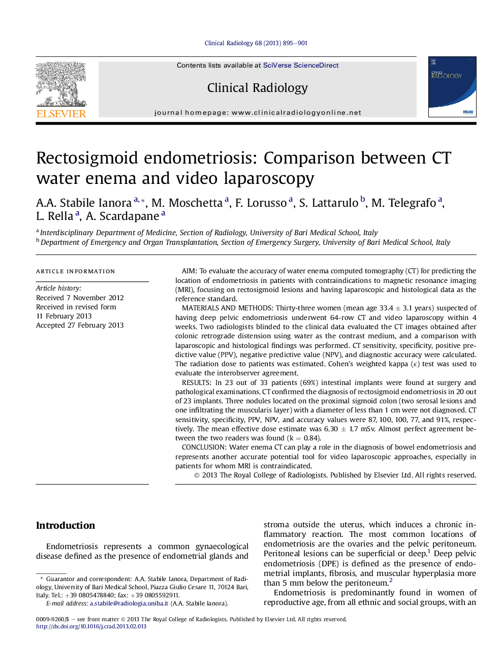 Rectosigmoid endometriosis: Comparison between CT water enema and video laparoscopy