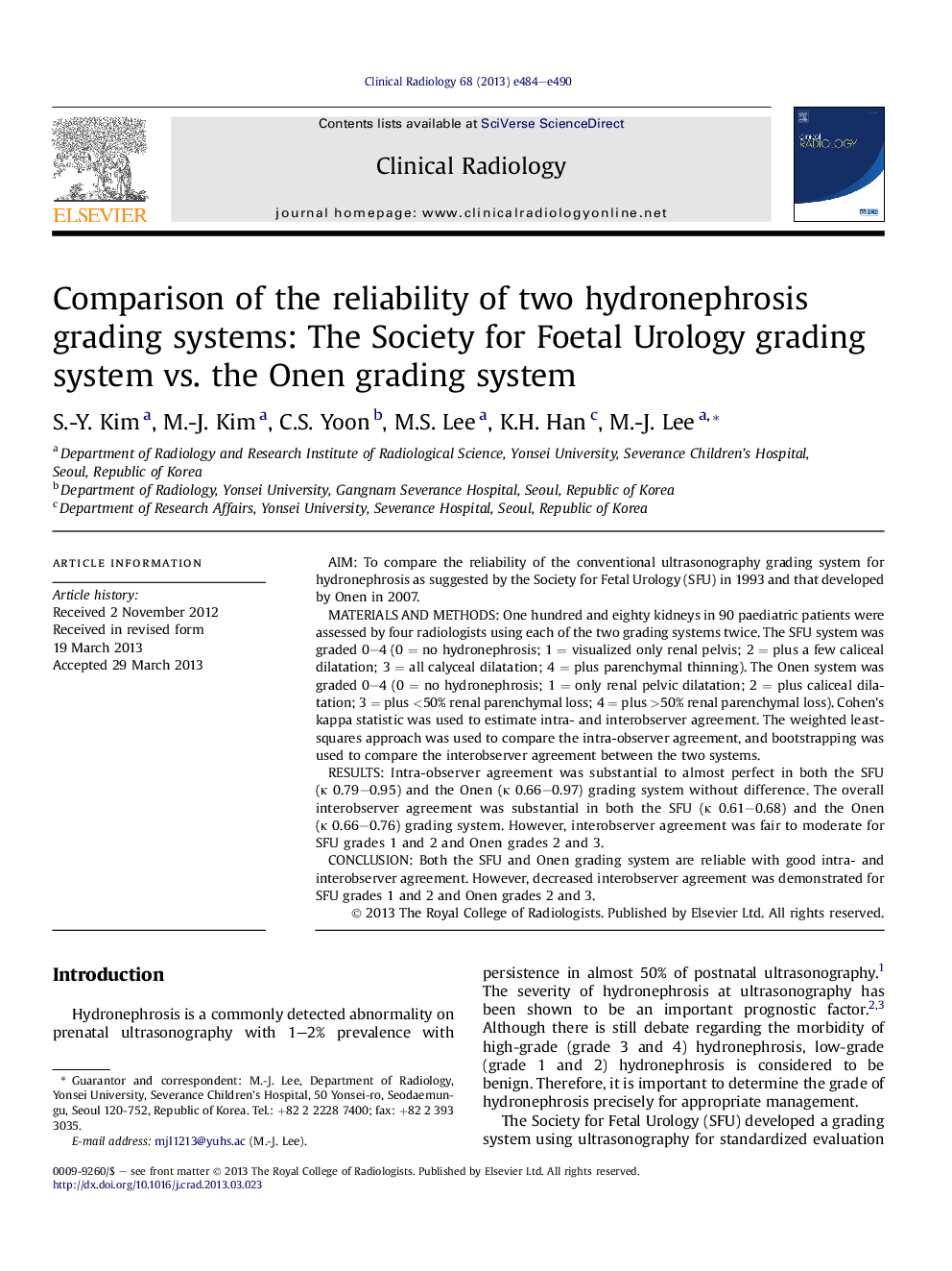 Comparison of the reliability of two hydronephrosis grading systems: The Society for Foetal Urology grading system vs. the Onen grading system