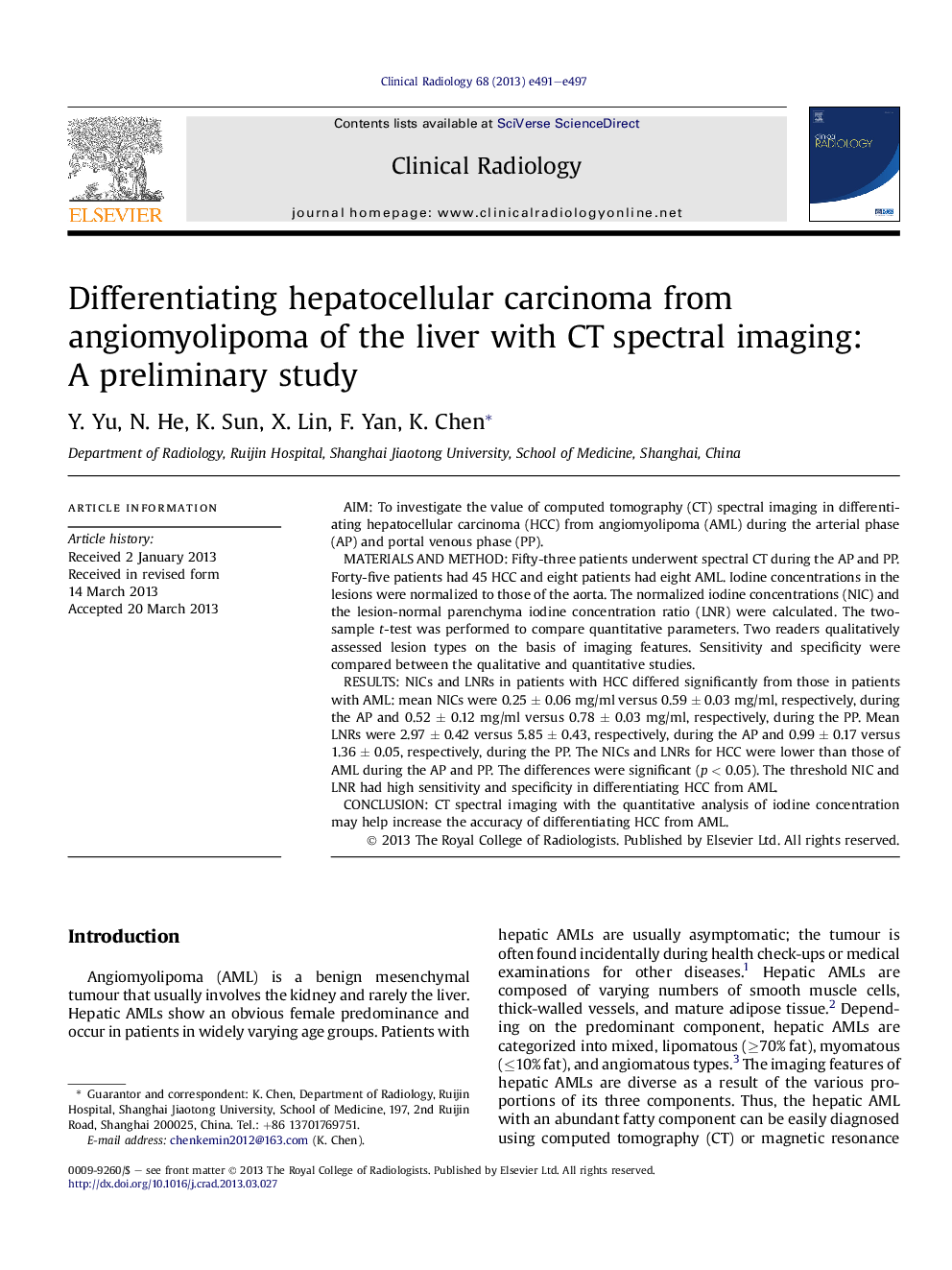 Differentiating hepatocellular carcinoma from angiomyolipoma of the liver with CT spectral imaging: A preliminary study