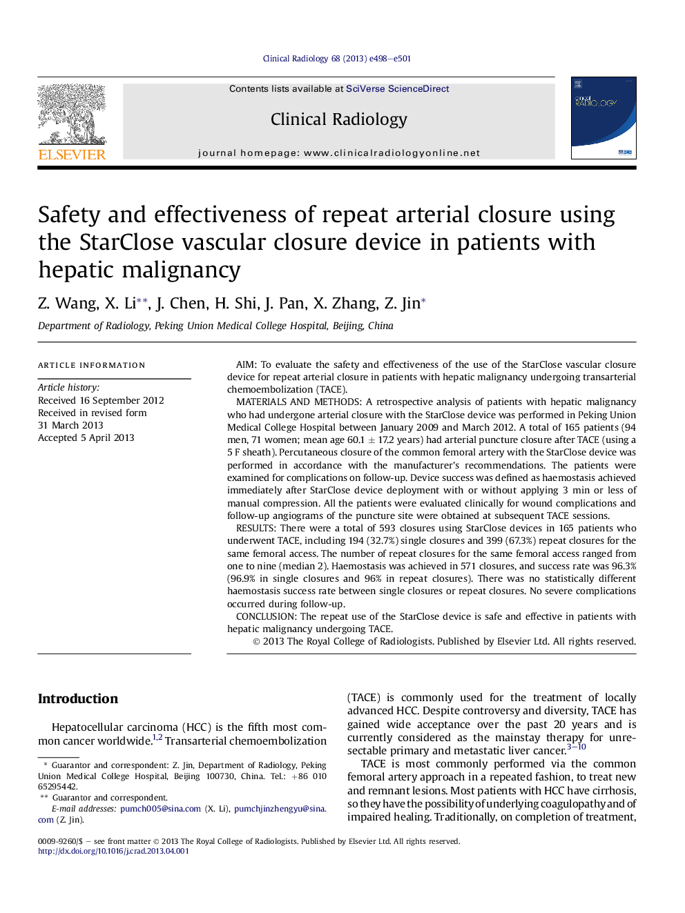 Safety and effectiveness of repeat arterial closure using the StarClose vascular closure device in patients with hepatic malignancy