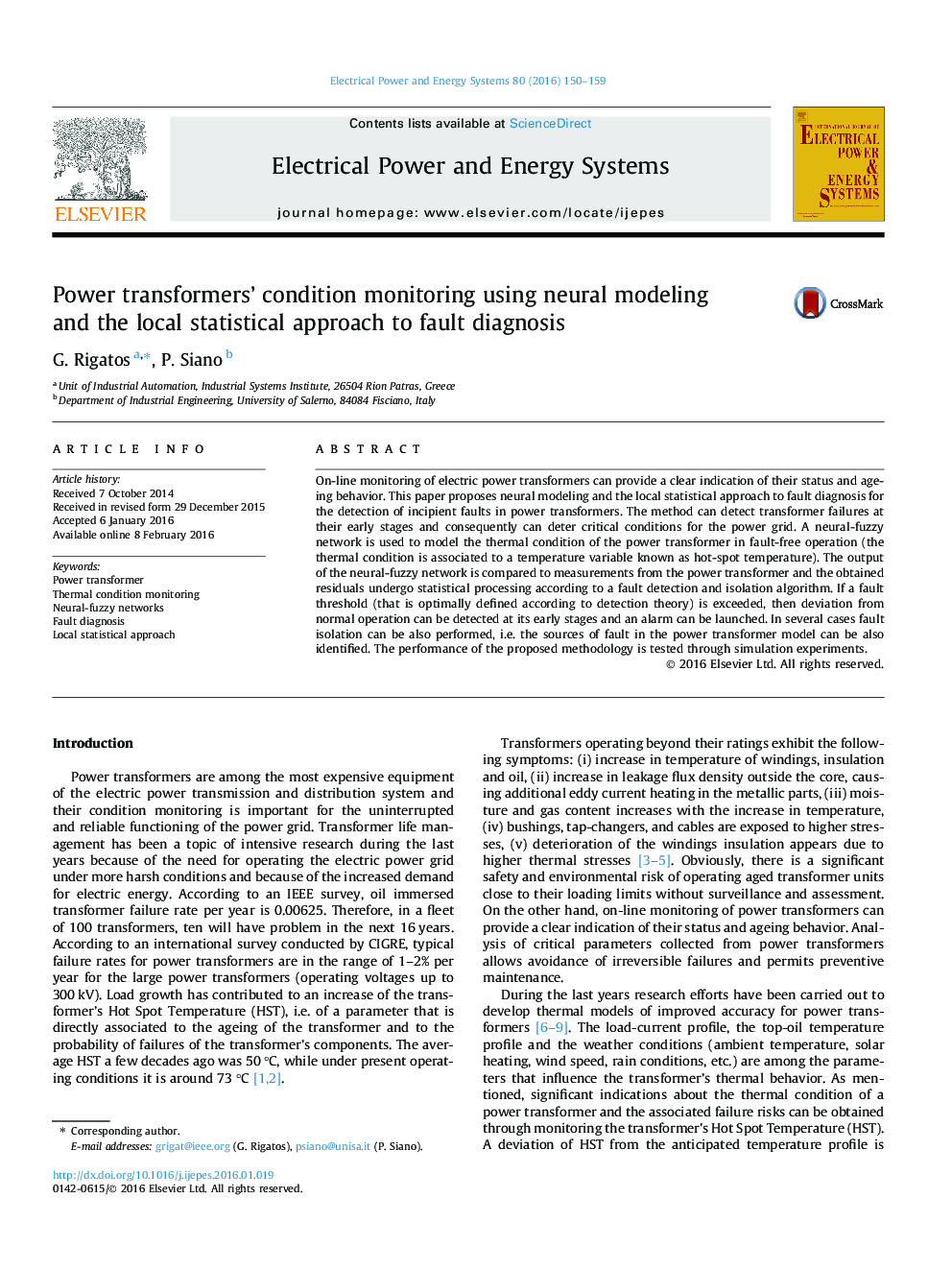 Power transformers’ condition monitoring using neural modeling and the local statistical approach to fault diagnosis