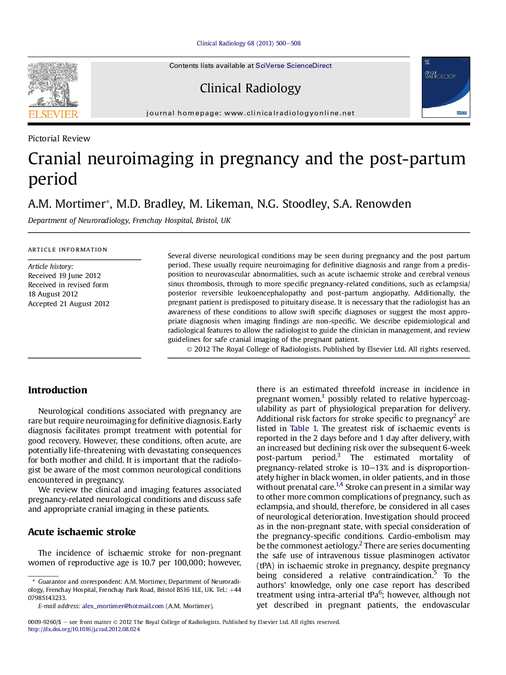 Cranial neuroimaging in pregnancy and the post-partum period