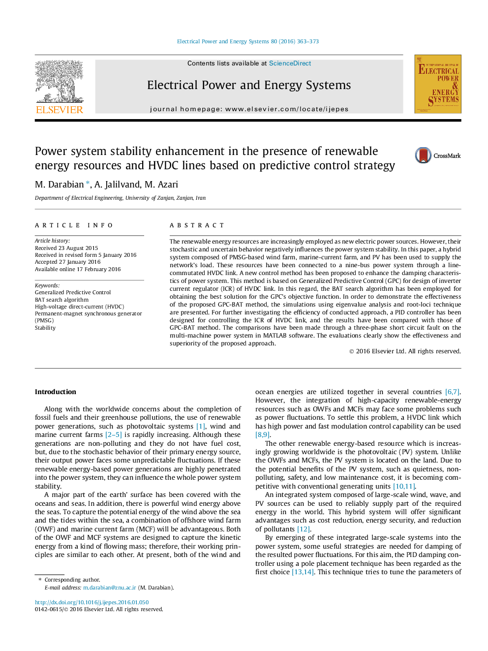 Power system stability enhancement in the presence of renewable energy resources and HVDC lines based on predictive control strategy