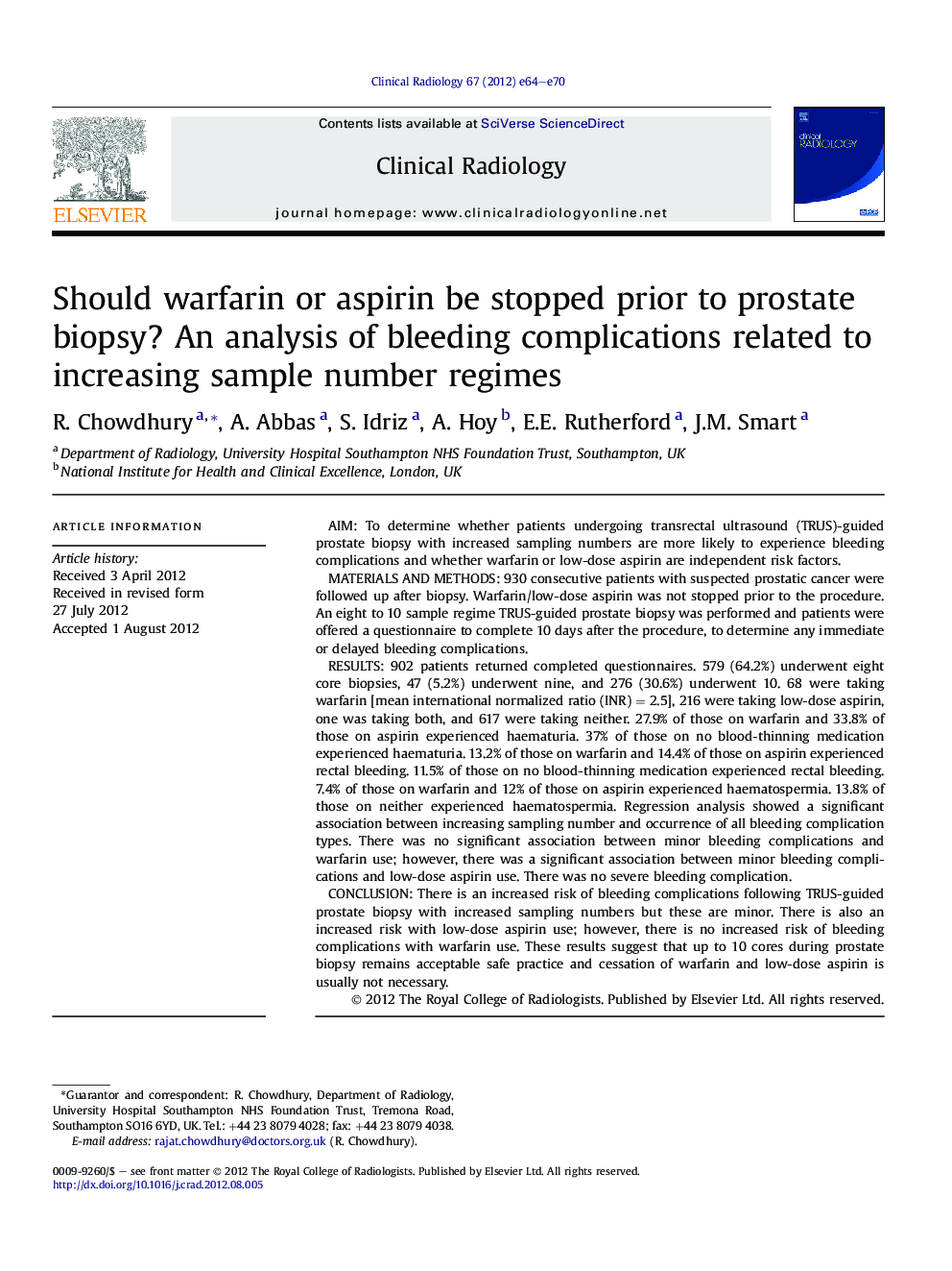 Should warfarin or aspirin be stopped prior to prostate biopsy? An analysis of bleeding complications related to increasing sample number regimes