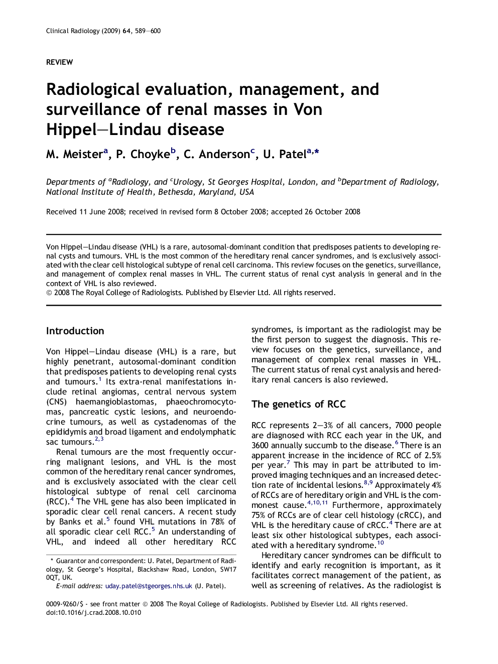 Radiological evaluation, management, and surveillance of renal masses in Von Hippel–Lindau disease