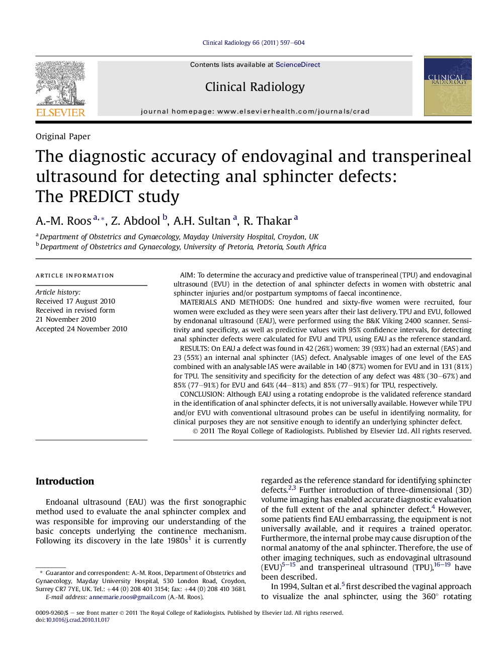 The diagnostic accuracy of endovaginal and transperineal ultrasound for detecting anal sphincter defects: The PREDICT study