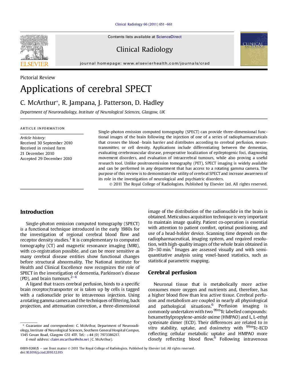 Applications of cerebral SPECT