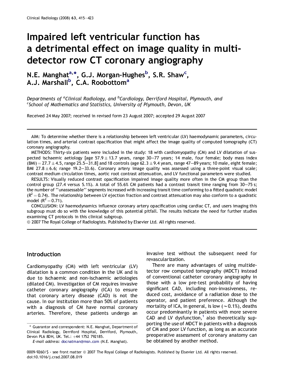 Impaired left ventricular function has a detrimental effect on image quality in multi-detector row CT coronary angiography