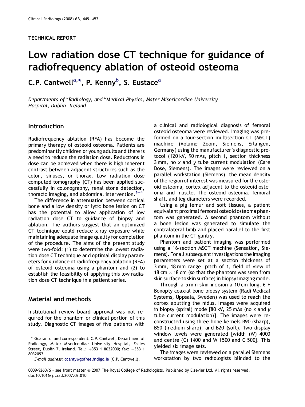 Low radiation dose CT technique for guidance of radiofrequency ablation of osteoid osteoma